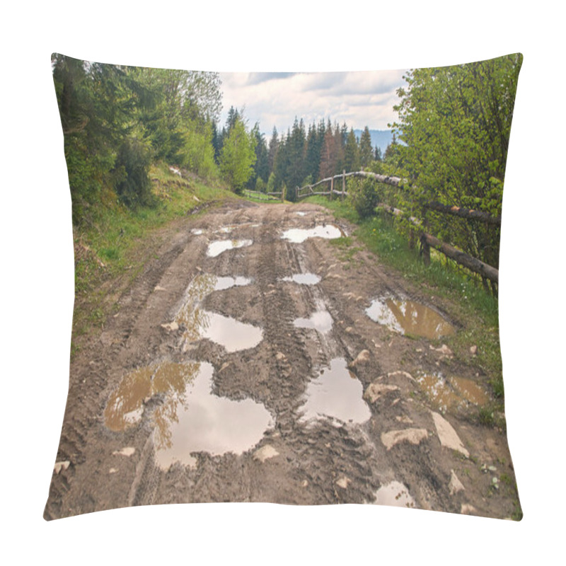 Personality  Broken Country Dirt Road In Spring Mountains With Lots Of Muddy Puddles After The Rain Pillow Covers