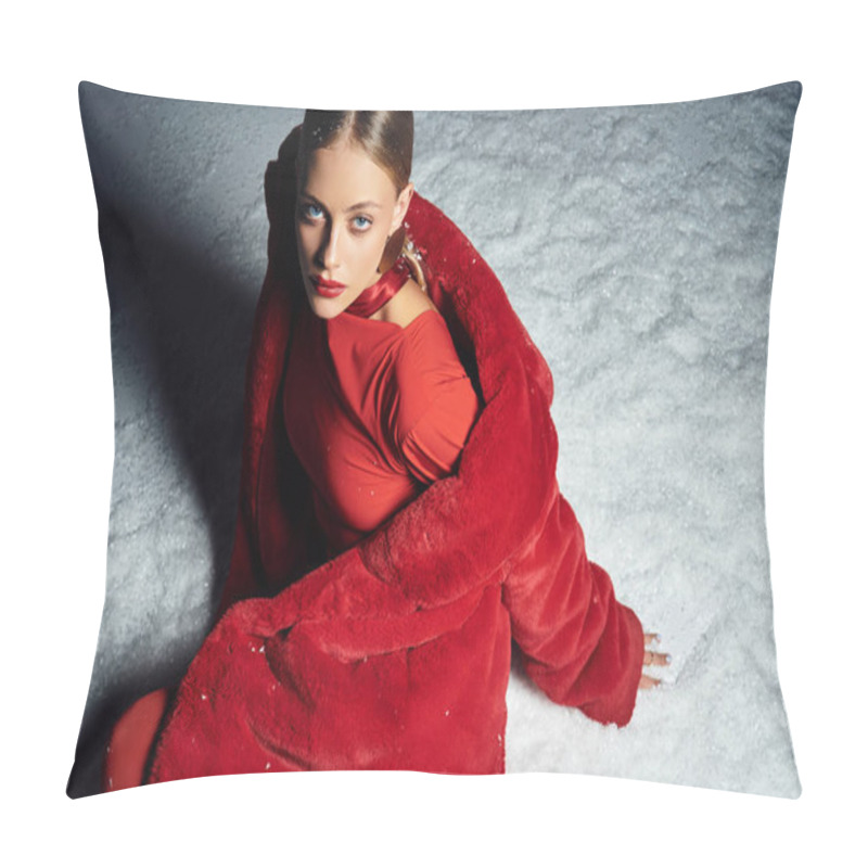 Personality  A Stunning Young Woman Dressed In A Vibrant Red Outfit Poses Elegantly Against The Snow. Pillow Covers