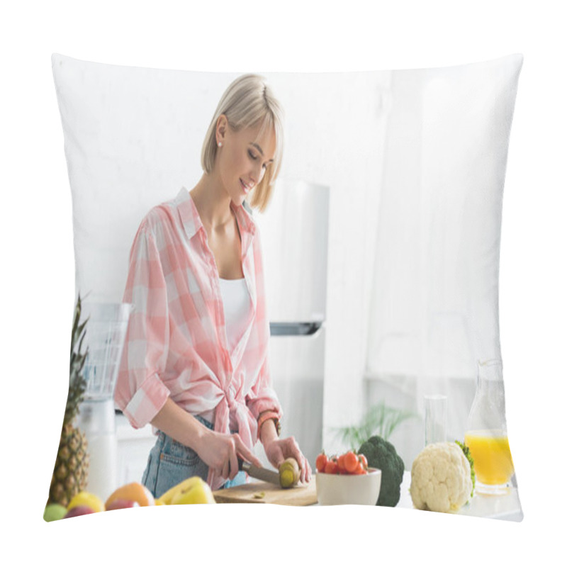 Personality  Happy Blonde Woman Cutting Kiwi Fruit Near Ingredients In Kitchen Pillow Covers