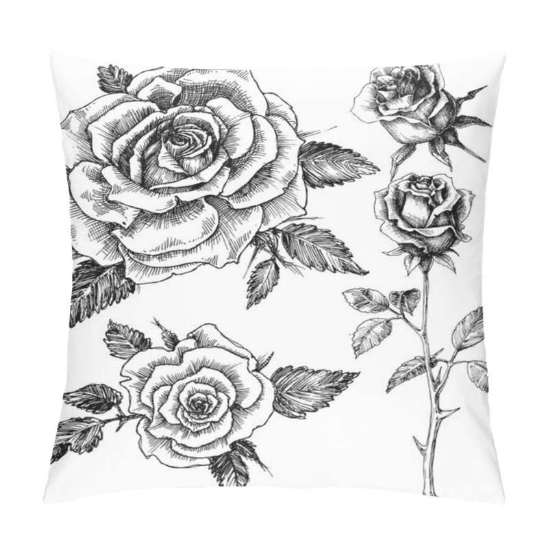 Personality  Flowers Set. Hand Drawn Rose Vector, Etch Style Pillow Covers