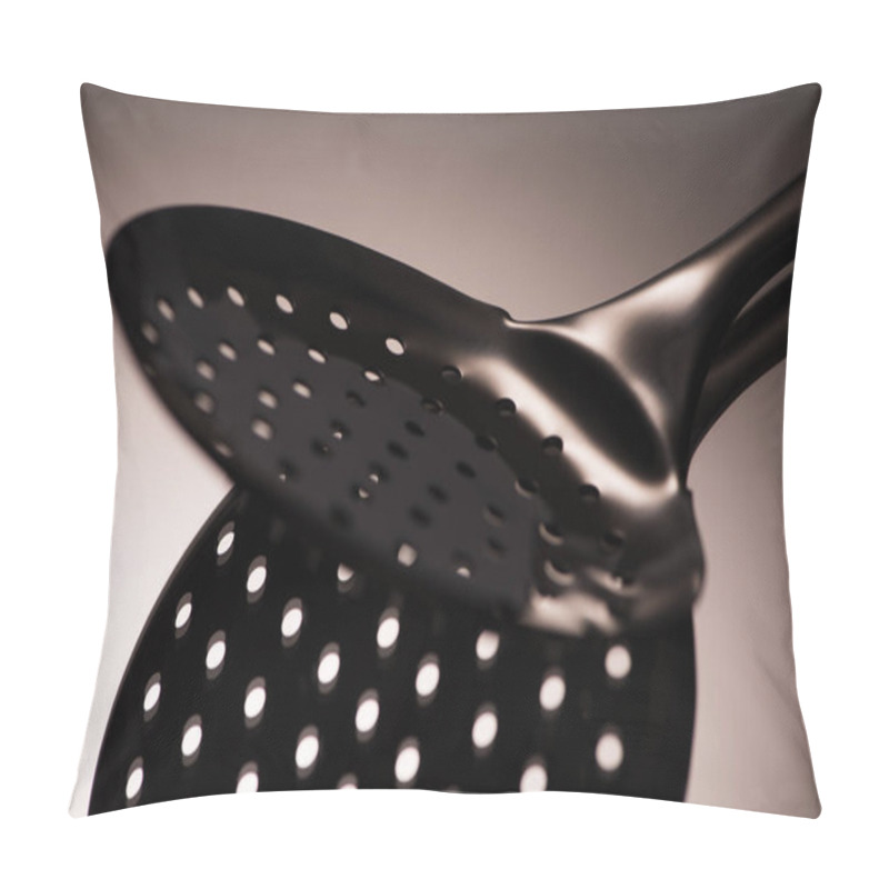 Personality  Close-up View Of Single Black Colander With Reflection On Grey  Pillow Covers