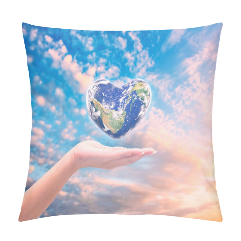 Personality  World In Heart Shape With Over Women Human Hands On Blurred Natu Pillow Covers