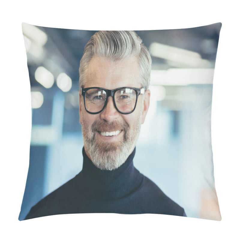 Personality  Close-up Photo Portrait Of Successful And Happy Senior Gray-haired Businessman, Male Investor With Glasses And Beard Looking At Camera And Smiling, Boss Working In Modern Office Pillow Covers