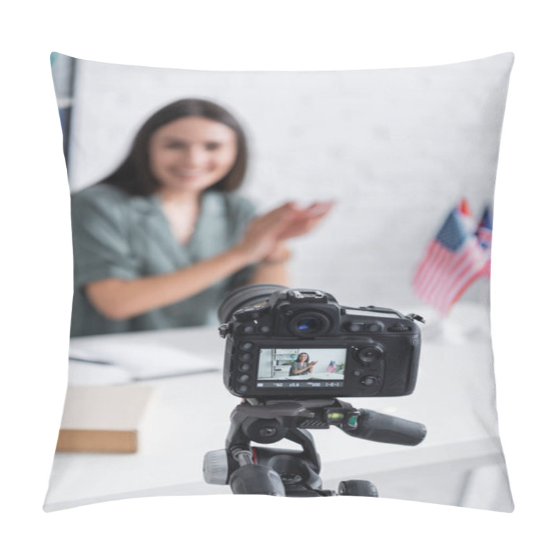 Personality  Digital Camera Near Blurred Teacher And Flags In Class  Pillow Covers