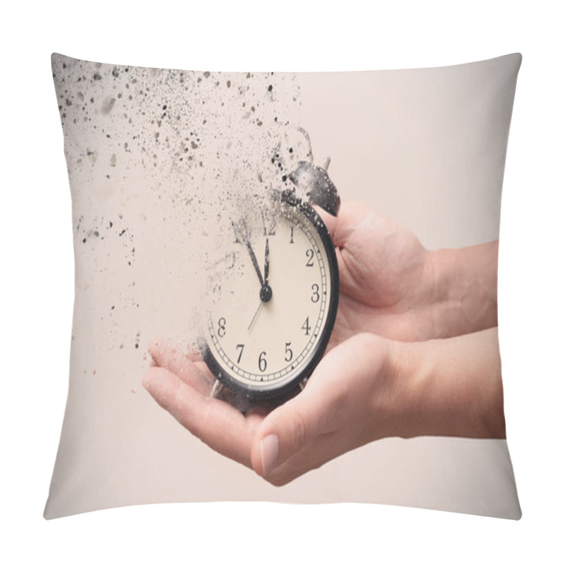 Personality  Concept Of Passing Away, The Clock Breaks Down Into Pieces. Old Alarm Clock In Hands. Pillow Covers