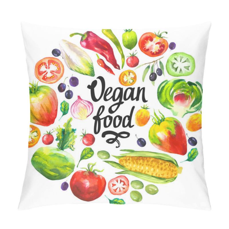 Personality  Watercolor Illustration With Round Composition Of Farm Illustrations. Vegetables Set: Artichokes, Tomato, Olives, Cauliflower, Chicory, Corn, Tomato, Spinach, Peppers. Fresh Organic Food. Pillow Covers