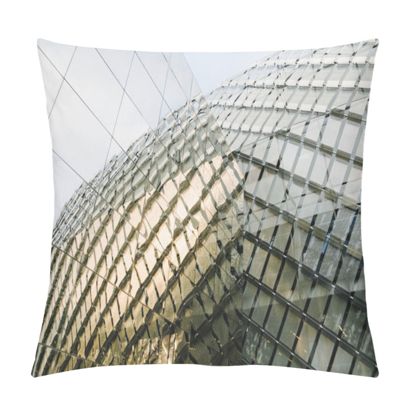 Personality  Abstract Photo Close-up View Of Modern Angular Mirror Facade Cladding On A Modern Building. Modern Architecture Concept Pillow Covers