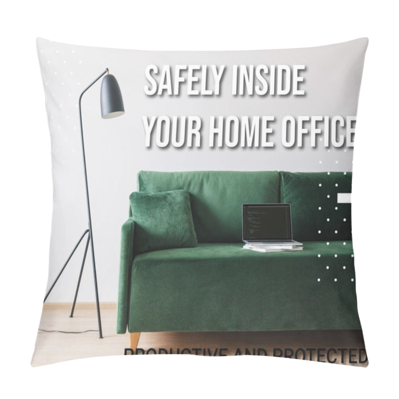 Personality  KYIV, UKRAINE - APRIL 14, 2020: Green Sofa And Laptop With Javascript On Screen Near Floor Lamp And Safely Inside Your Home Office, Productive And Protected Lettering  Pillow Covers