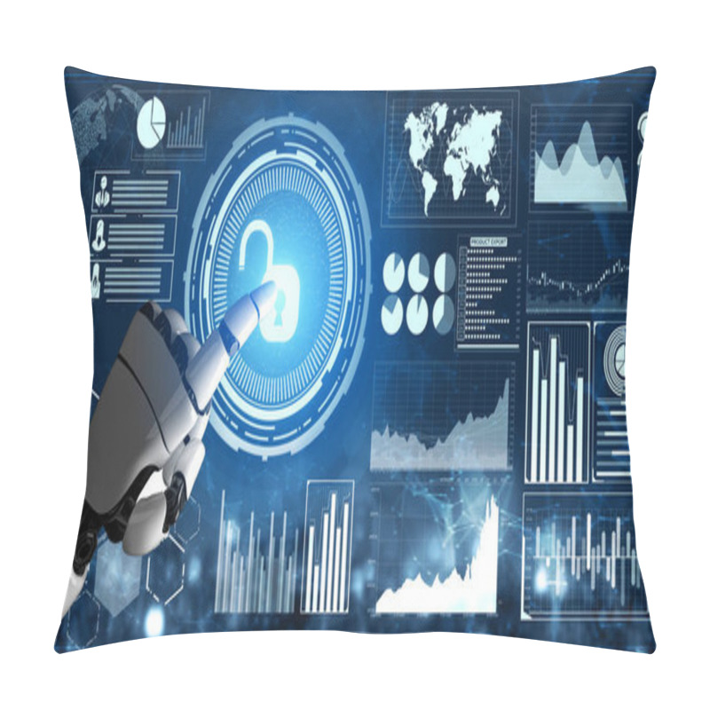 Personality  3D Rendering Futuristic Robot Technology Development, Artificial Intelligence AI, And Machine Learning Concept. Global Robotic Bionic Science Research For Future Of Human Life. Pillow Covers