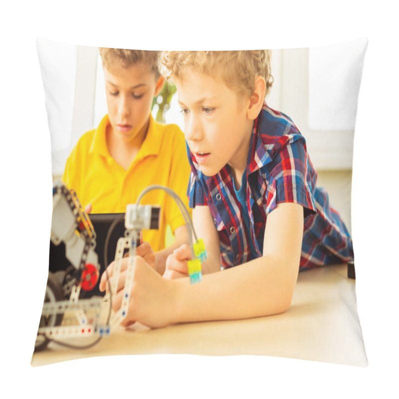 Personality  Smart Blonde Boy Trying To Construct A Robot Pillow Covers