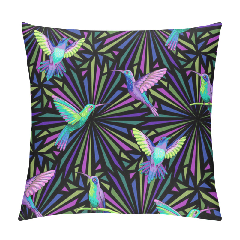 Personality  Flying Hummingbirds On Dark Abstract Geometric Background. Seamless Pattern For Textiles And Desig Pillow Covers