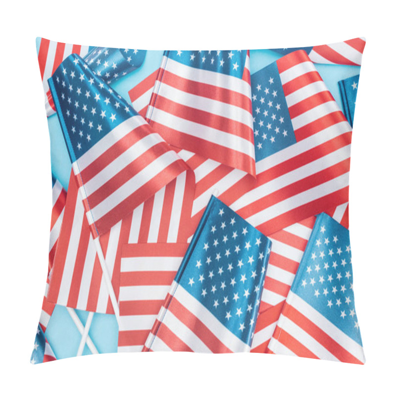 Personality  Top View Of National American Flags On Sticks Scattered On Blue Background Pillow Covers