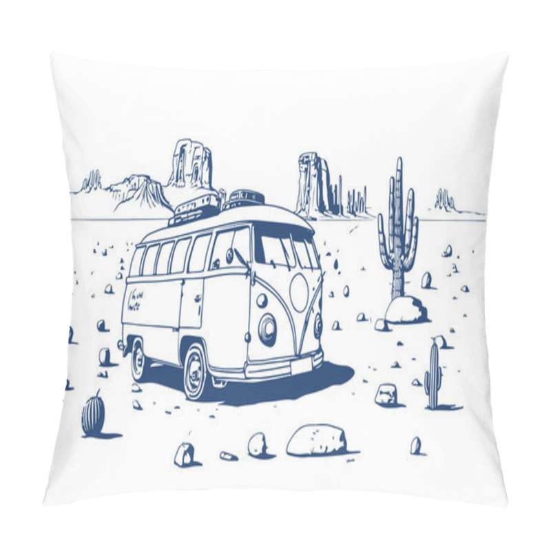 Personality  Retro Hippie VAN Near Near A Desert Landscape With Cactus. Vector Line Sketch Illustration. Pillow Covers