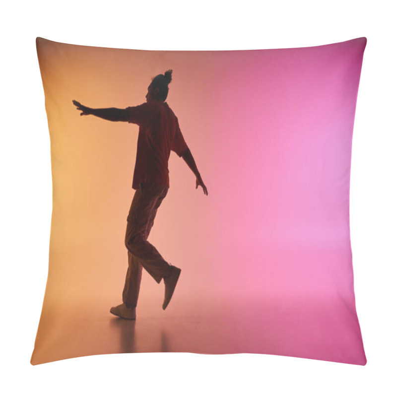 Personality  A Young African American Man Dances In Silhouette Against A Backdrop Of A Colorful Gradient. Pillow Covers