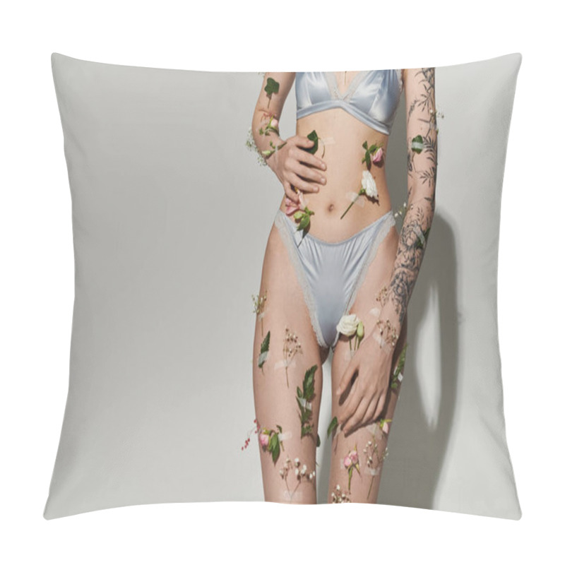 Personality  Alluring Woman With Plants On Her Body Wearing Underwear. Pillow Covers