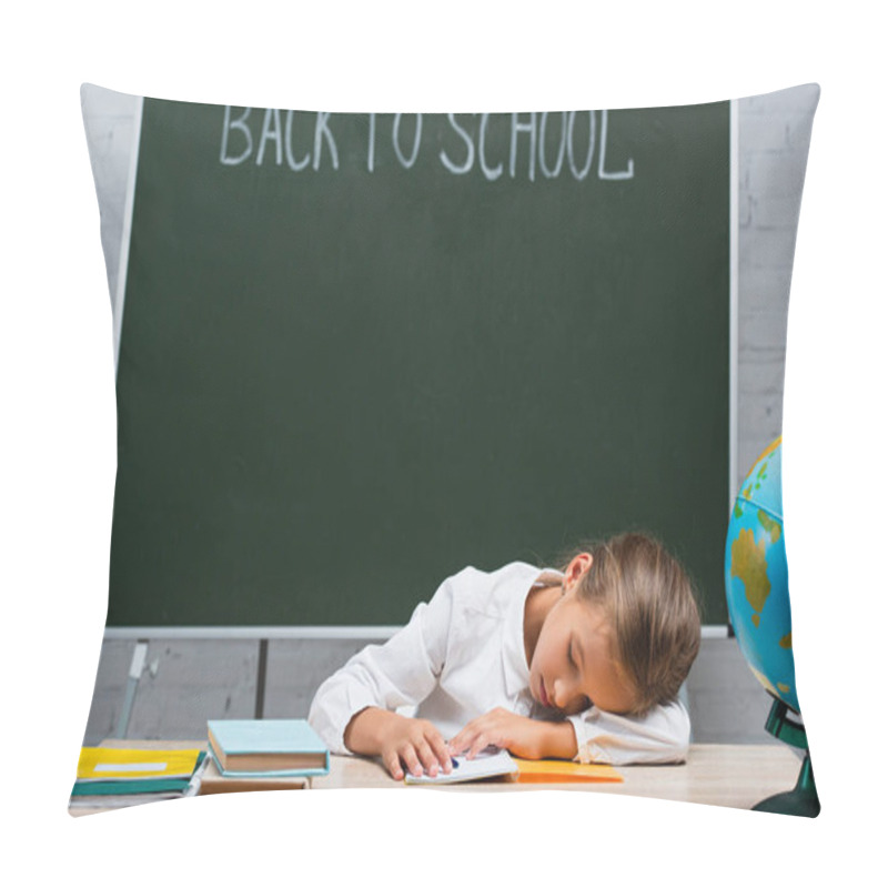 Personality  Exhausted Schoolgirl Sleeping At Desk Near Globe And Chalkboard With Back To School Lettering Pillow Covers