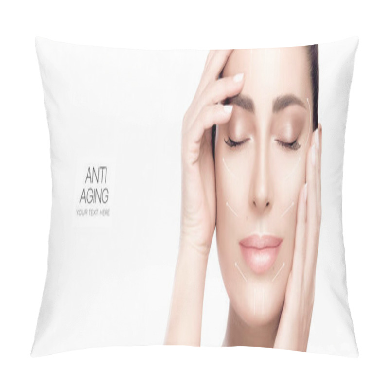 Personality  Anti Aging Treatment And Plastic Surgery Concept. Beautiful Serene Woman With Fresh Clean Skin. Heathy Skin Woman Gracefully Holding Hands To Her Face. Cosmetology, Beauty Treatment And Skincare. Pillow Covers