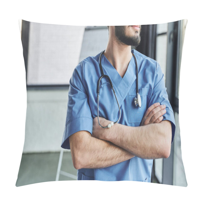 Personality  Partial View Of Professional Bearded Medical Instructor In Blue Uniform Standing With Crossed Arms And Stethoscope On Neck In Hospital, First Aid Training Seminar And Emergency Preparedness Concept Pillow Covers