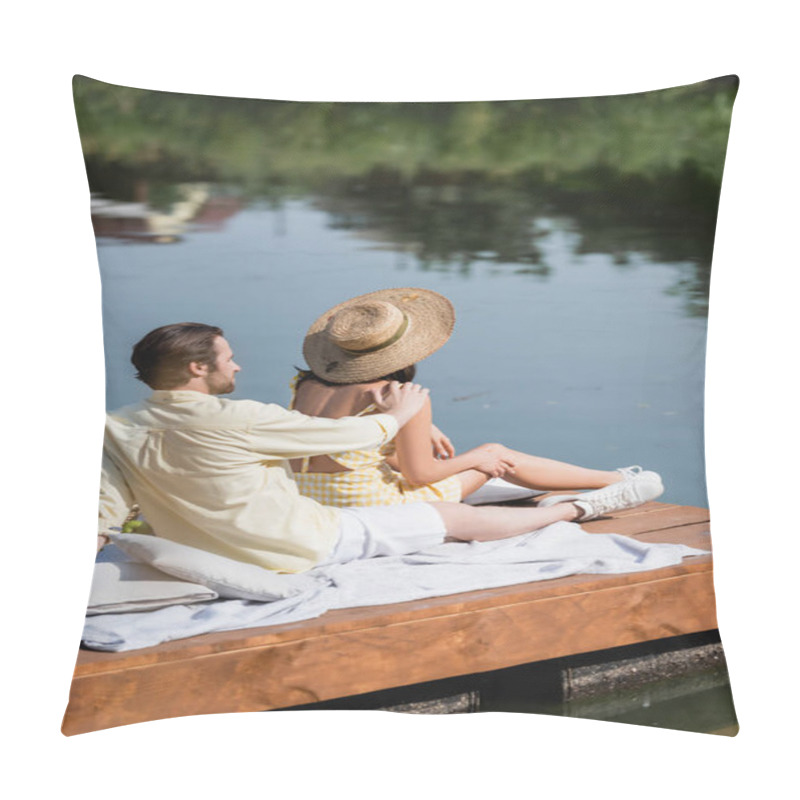 Personality  Bearded Man And Woman In Straw Hat Sitting On Pier During Picnic Pillow Covers