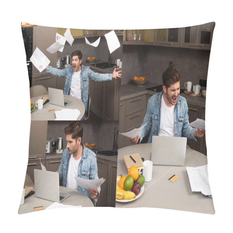 Personality  Collage Of Angry Freelancer Throwing Papers Near Laptop On Kitchen Table  Pillow Covers