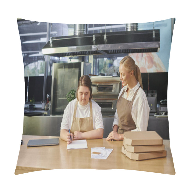 Personality  Young Woman With Mental Disability Writing Order Near Smiling Administrator In Modern Cafe Pillow Covers