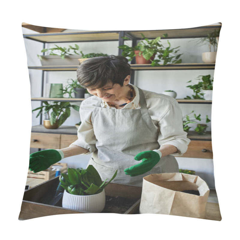 Personality  A Woman Joyfully Tends To Her Plants While Wearing Gardening Gloves. Pillow Covers