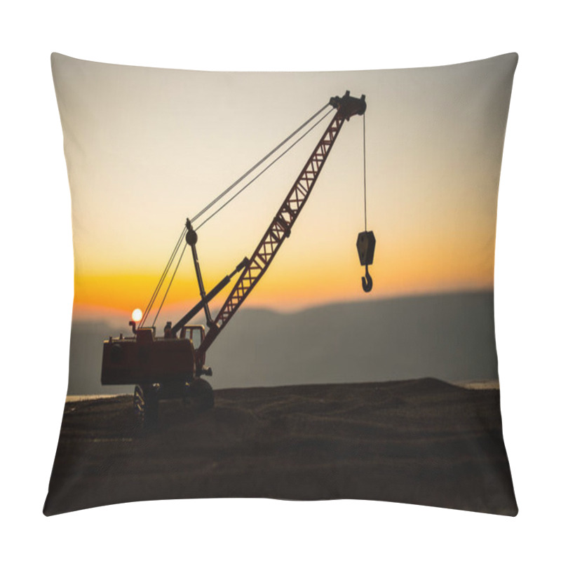 Personality  Abstract Industrial Background With Construction Crane Silhouette Over Amazing Sunset Sky. Tower Crane Against The Evening Sky. Industrial Skyline. Selective Focus Pillow Covers