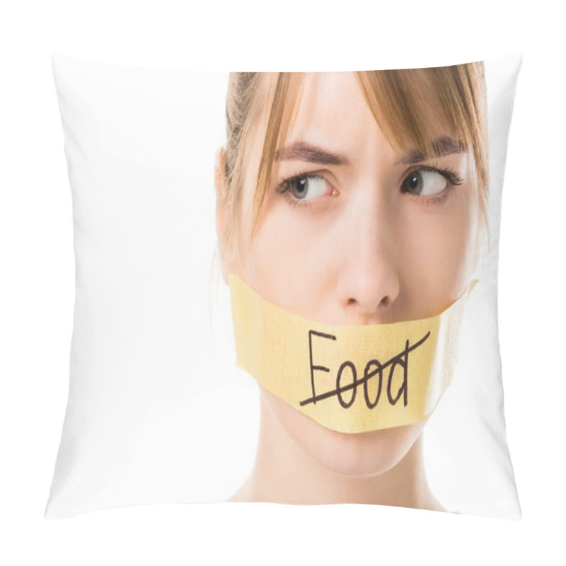 Personality  Young Woman With Stick Tape With Striked Through Word Food Covering Mouth Isolated On White Pillow Covers