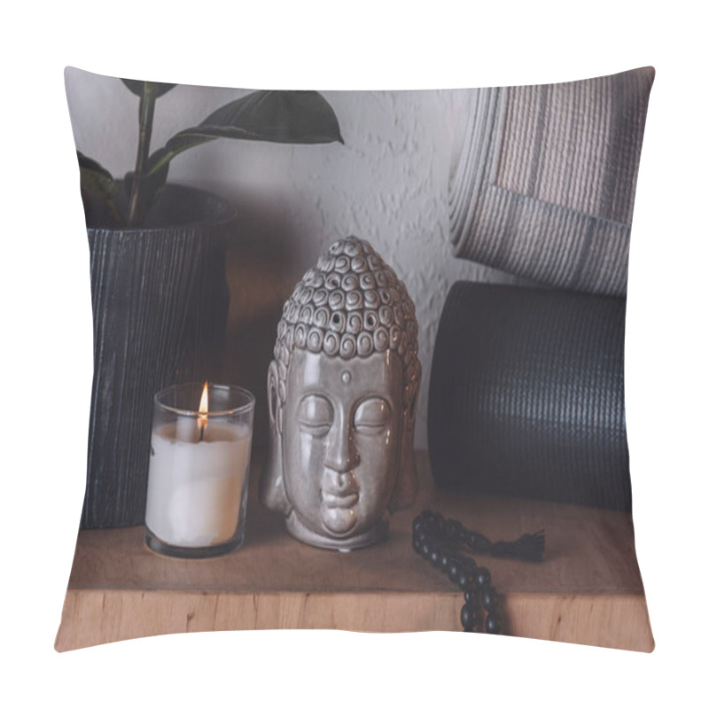 Personality  Sculpture Of Buddha Head And Yoga Mats On Wooden Shelf  Pillow Covers