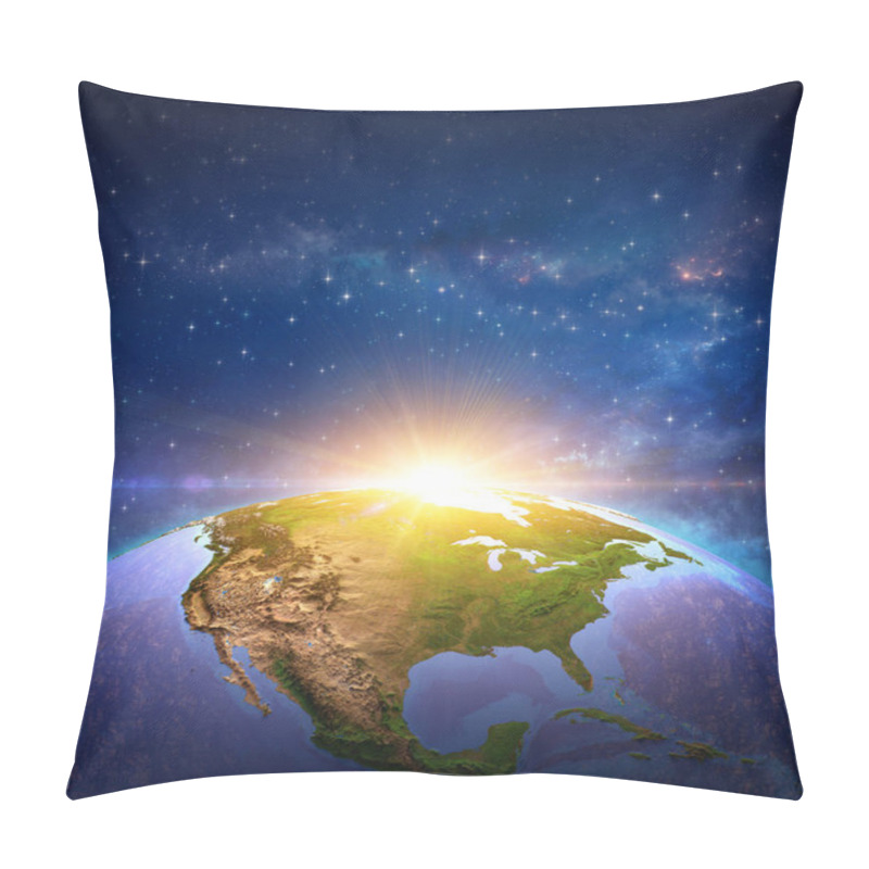 Personality  Surface Of Planet Earth, Space View Of The World Focused On The United States Of America USA. Sun Rising On The Horizon, Star Cluster And Nebula Shining Far Behind. 3D Illustration - Elements Of This Image Furnished By NASA Pillow Covers