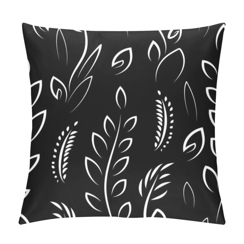 Personality  Seamless Contrasting Pattern. White Stems And Leaves Of Plants On A Black Background. Endless Illustration. Pillow Covers