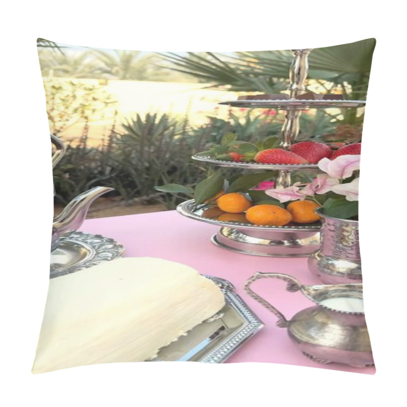 Personality  Fruits Showcased On Elegant Stand With Polished Accents Beside Creamy Dessert Layers, Featuring Mandarins. Berries On Ornate Silver Trays Enhancing Fruits, Dessert Display. Stylish Elegance Concept  Pillow Covers