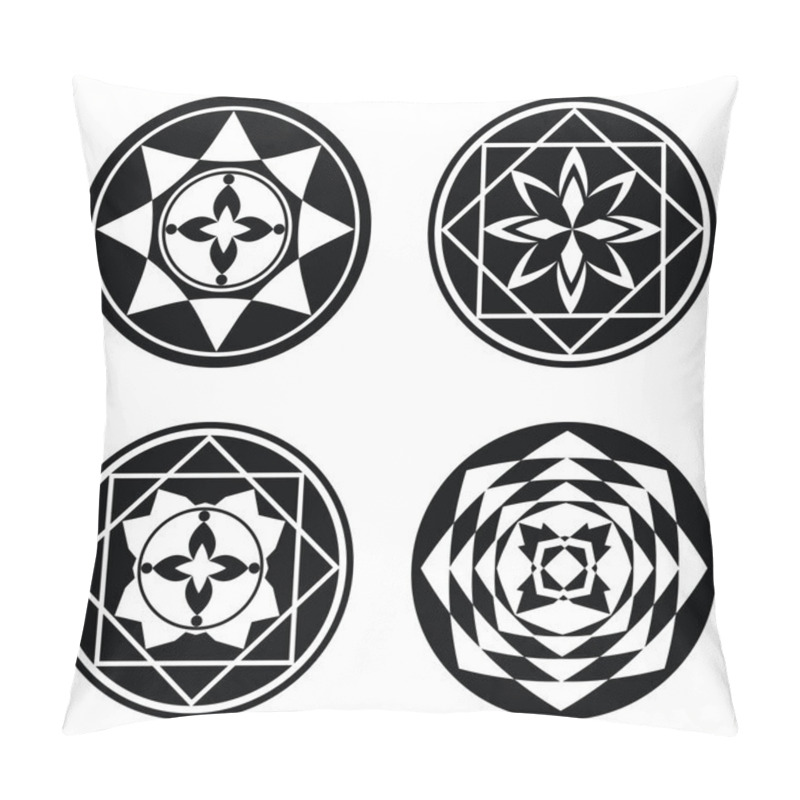 Personality  Mandala Floral Icon Set. Stylized Ornaments Of Circles, Rectangles, Stars And Flowers. Tattoo Signs. Harmony Perfection Luck Infinity Symbol. Vector Pillow Covers