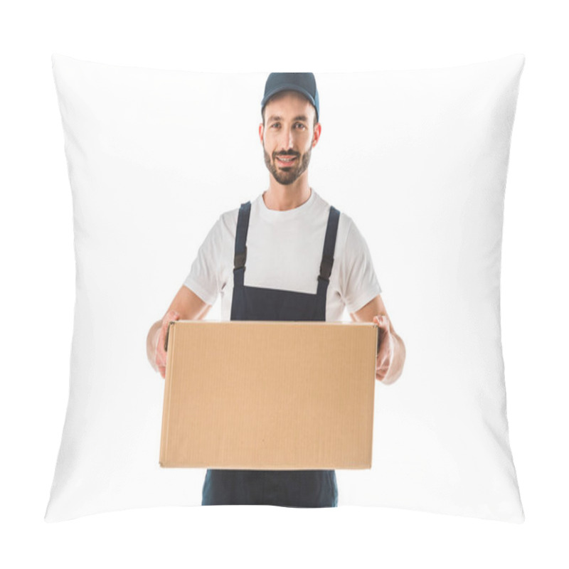 Personality  Cheerful Handsome Delivery Man Holding Cardboard Box And Smiling At Camera Isolated On White Pillow Covers