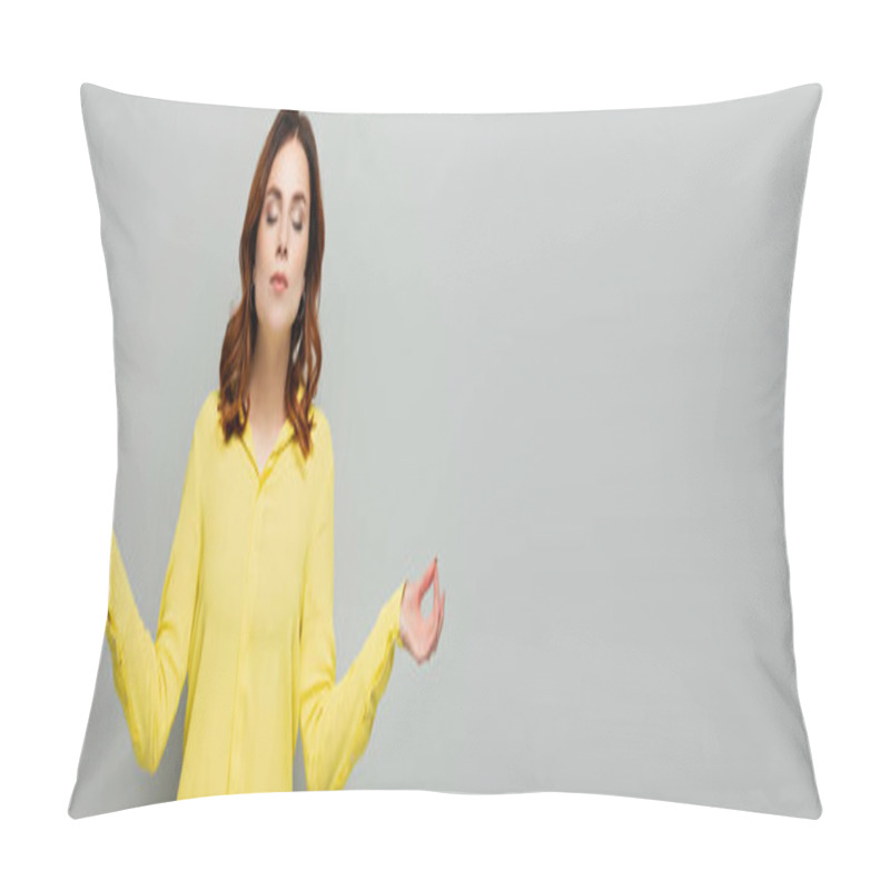 Personality  Woman In Yellow Blouse Standing With Closed Eyes And Meditating On Grey, Banner Pillow Covers