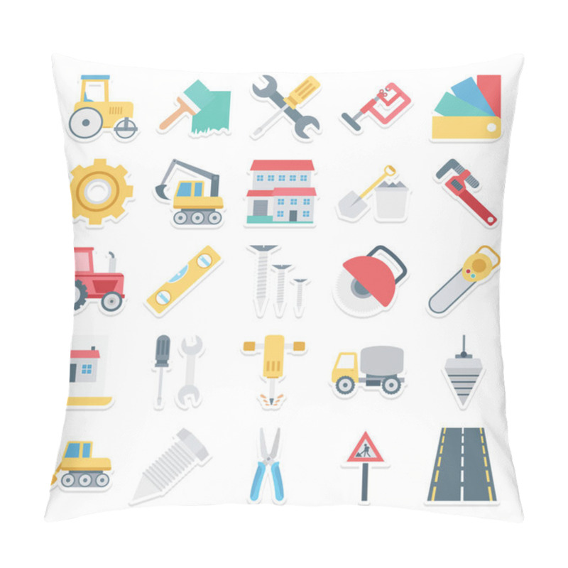 Personality  Construction Isolated Vector Icons Set Consist Safety Jacket, Nal, Spanner, Drafting Tools, Bag, Cutter And Caliper  Pillow Covers