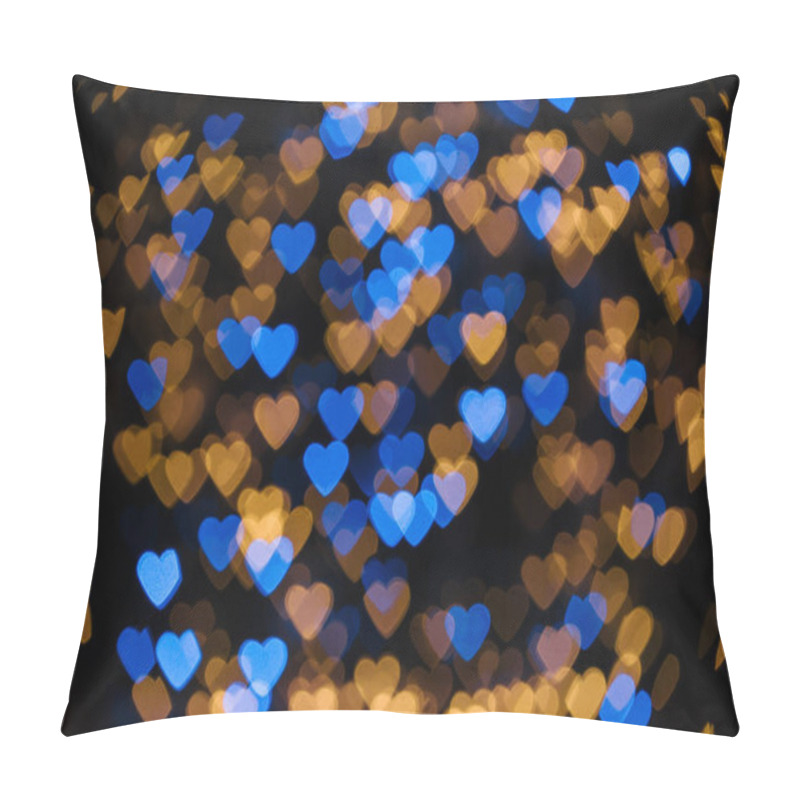 Personality  Full Frame Of Golden And Blue Defocused Hearts Bokeh Lights On Black Background Pillow Covers