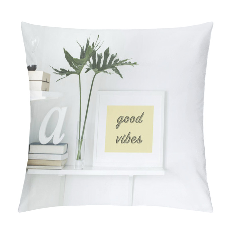 Personality  Bright White Interior Corner With Shelves And Inspirational Phrase In Frame On Wall Pillow Covers