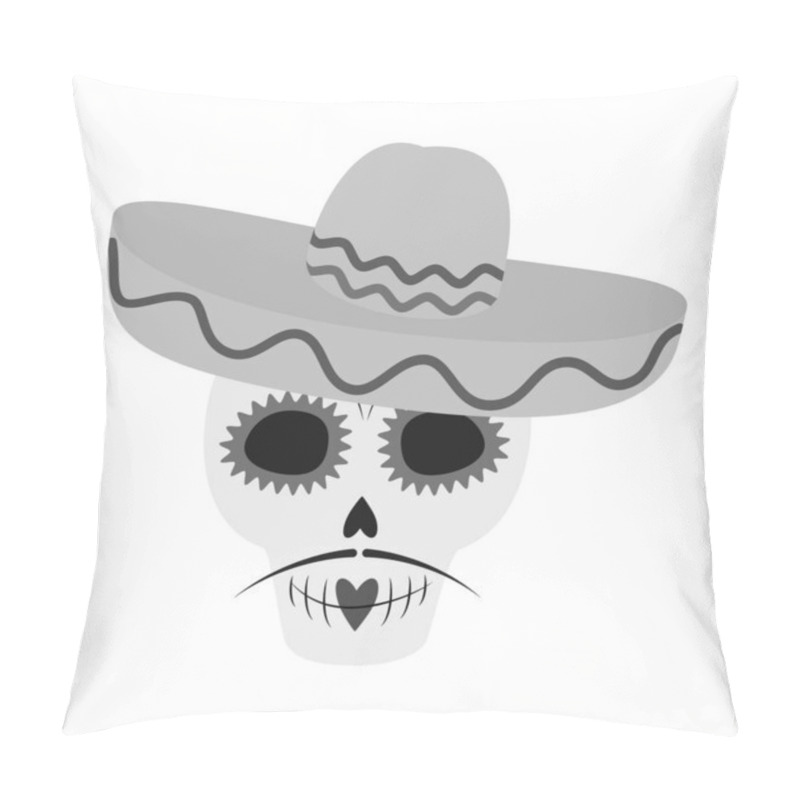 Personality  Painted Scull With Mustache In Sombrero Hat In Grayscale. Day Of The Dead Greeting Design Element. Isolated Vector Illustration Cards, Poster, Flyer, Leaflet, Banner, Label, Thematic Card Or Web Promo Pillow Covers