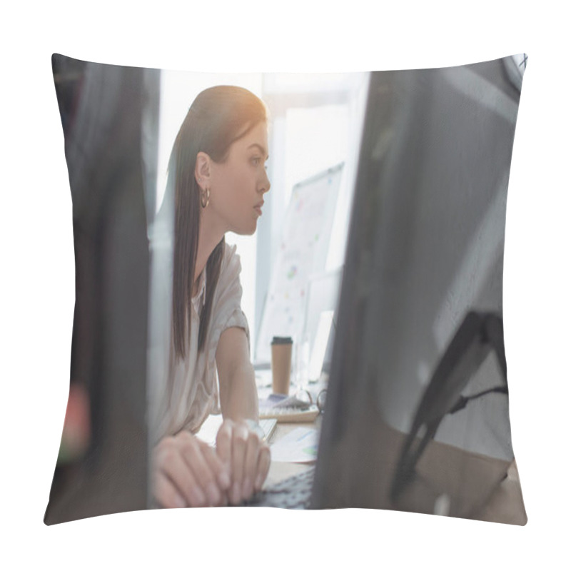 Personality  Selective Focus Of Information Security Analyst Testing Software For Computer Systems In Office  Pillow Covers