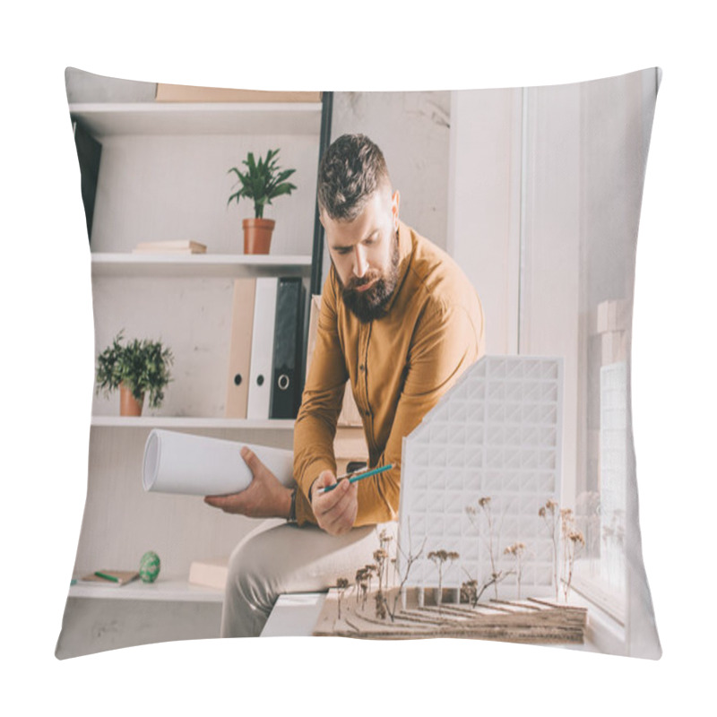 Personality  Focused Bearded Adult Male Architect Holding Blueprint, Pointing At House Model And Working On Project In Office  Pillow Covers