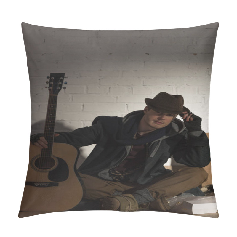 Personality  Homeless Man In Hat Sitting On Cardboard By White Brick Wall And Holding Guitar Pillow Covers