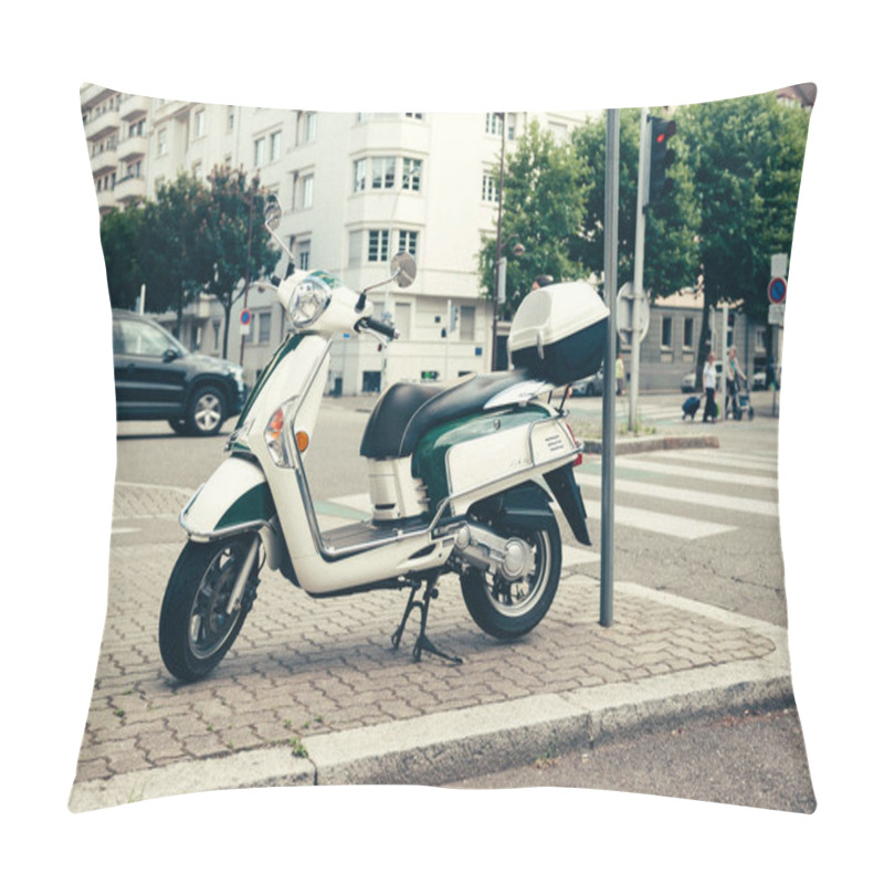 Personality  PARIS, FRANCE - JUN 27, 2015: Side View Of Piaggio Scooter Parked On A French Street  Pillow Covers