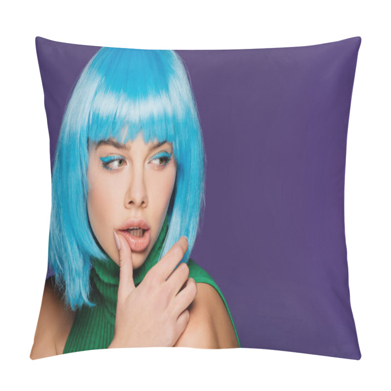 Personality  Attractive Sensual Girl In Blue Wig Touching Lip, Isolated On Purple Pillow Covers