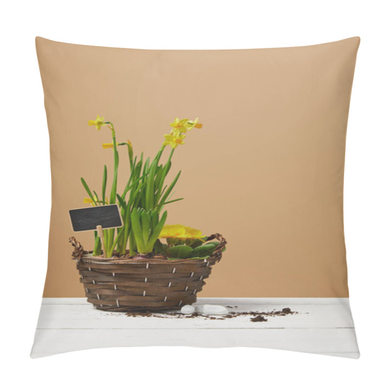 Personality  Yellow Daffodils In Braided Flowerpot On White Table  Pillow Covers