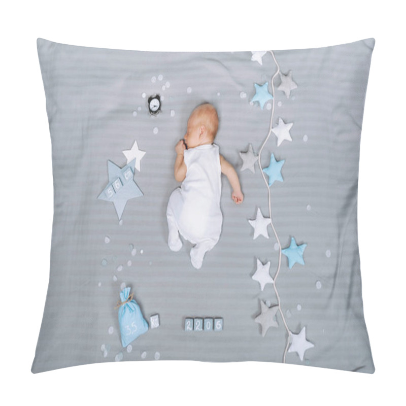 Personality  Overhead View Of Adorable Sleeping Infant Baby With Decorations Around Pillow Covers