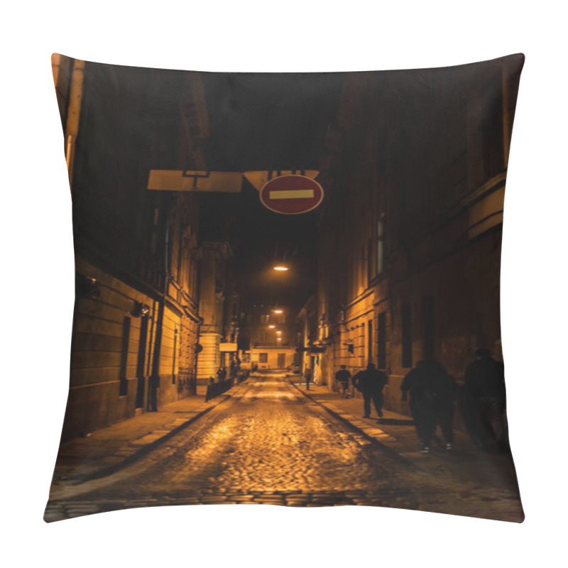 Personality  LVIV, UKRAINE - OCTOBER 23, 2019: Silhouette Of People Walking On Dark Street In Lviv  Pillow Covers