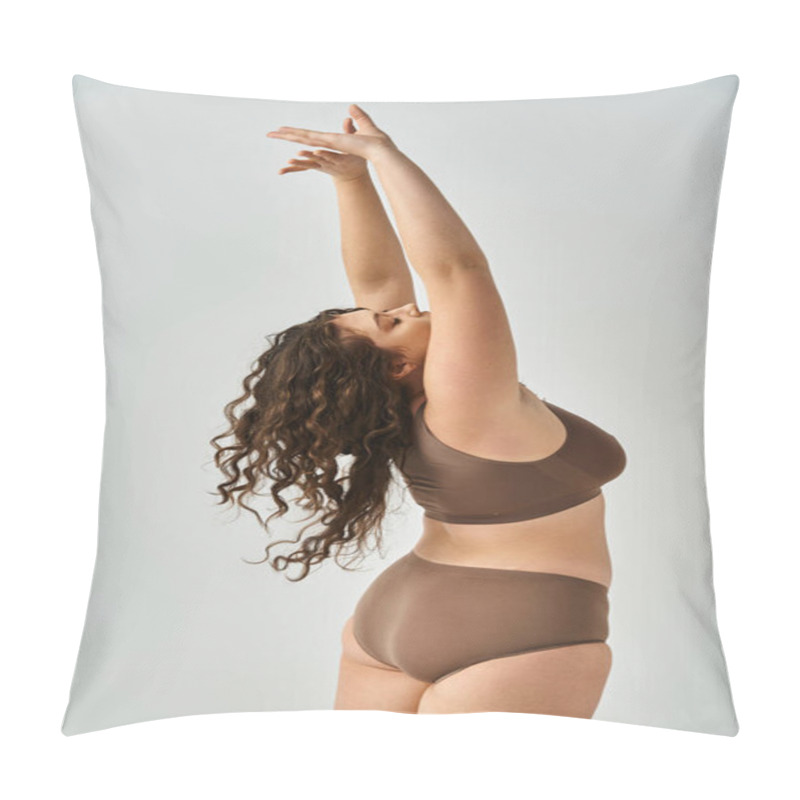 Personality  Charming Curvy Young Woman In Underwear With Curly Brown Hair From Back Putting Hands To Up Pillow Covers