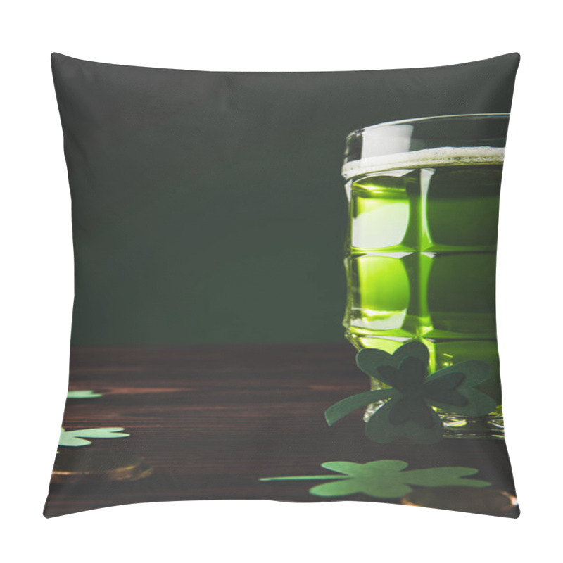 Personality  Glass Of Green Beer With Shamrock And Golden Coins On Table, St Patricks Day Concept Pillow Covers