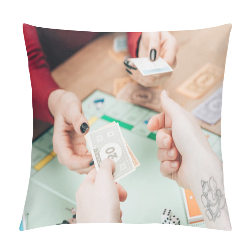 Personality  KYIV, UKRAINE - NOVEMBER 15, 2019: Cropped View Of Women With Toy Currency And Cards Playing In Monopoly Pillow Covers